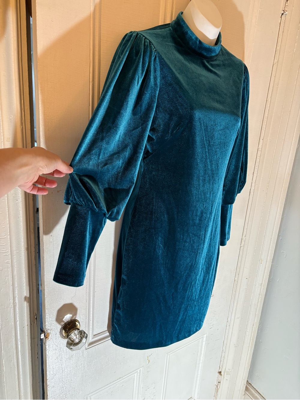 Aidan Mattox long sleeve dress stretch velvet teal peacock blue velour